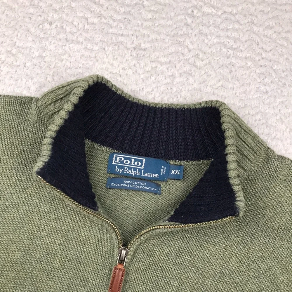 Polo Ralph Lauren 1/4 Zip Sweater Mens 2XL Green Cotton Knit Pullover Vintage